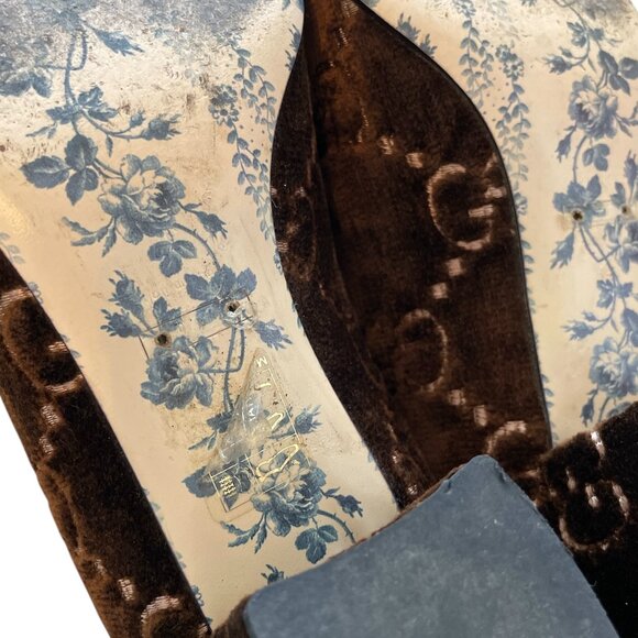 GUCCI Velvet GG Logo Block Heel Brown Square Toe Mules Loafers Flats Cat \\ 37 - Picture 12 of 13